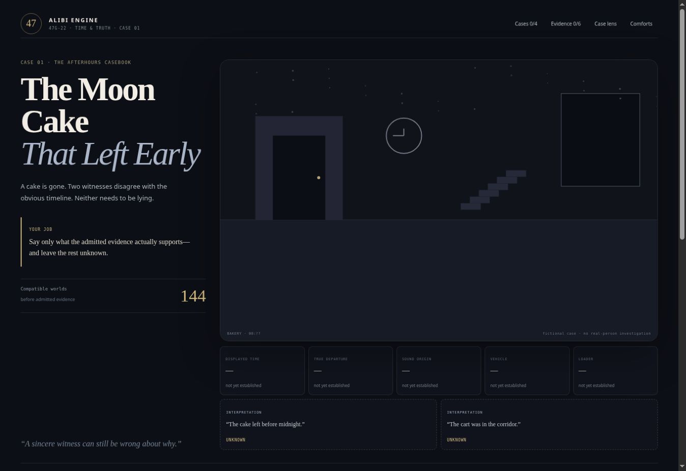 Alibi Engine — playable fictional browser case in English